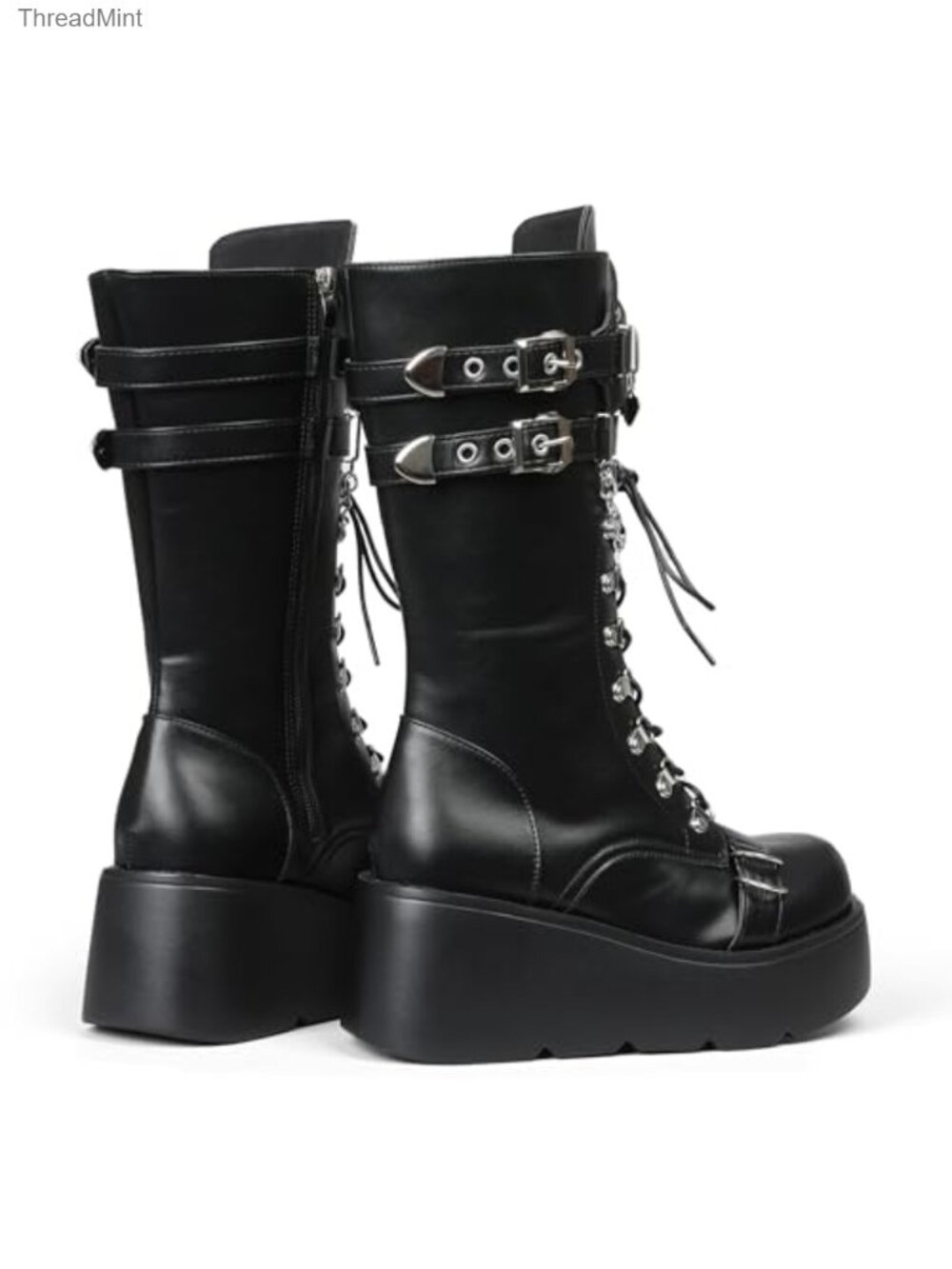 Womens Gothic Combat Boots Chunky Wedge Heel Lace Up Mid Calf Platform - Picture 2 of 6
